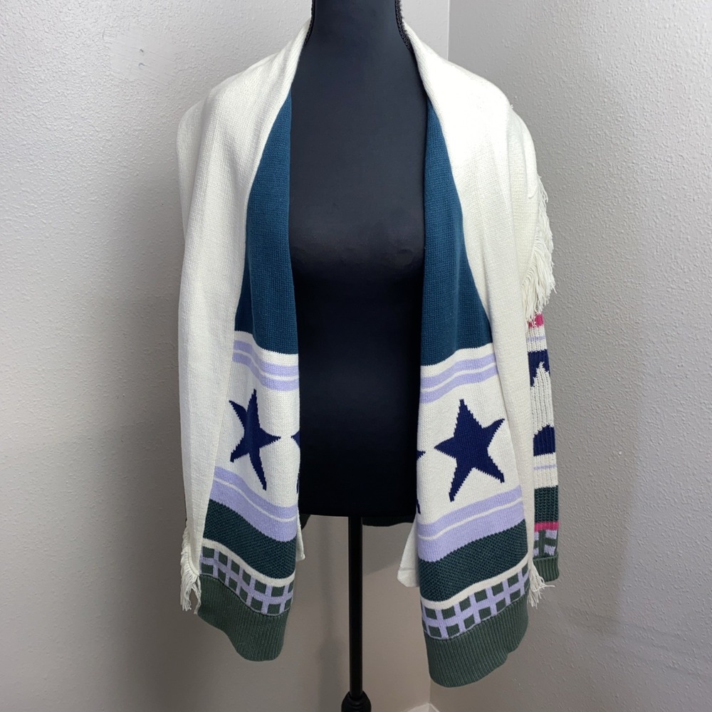 Peace Love World Cardigan Women's Large Fringe Stripes Stars Happy Day Western
